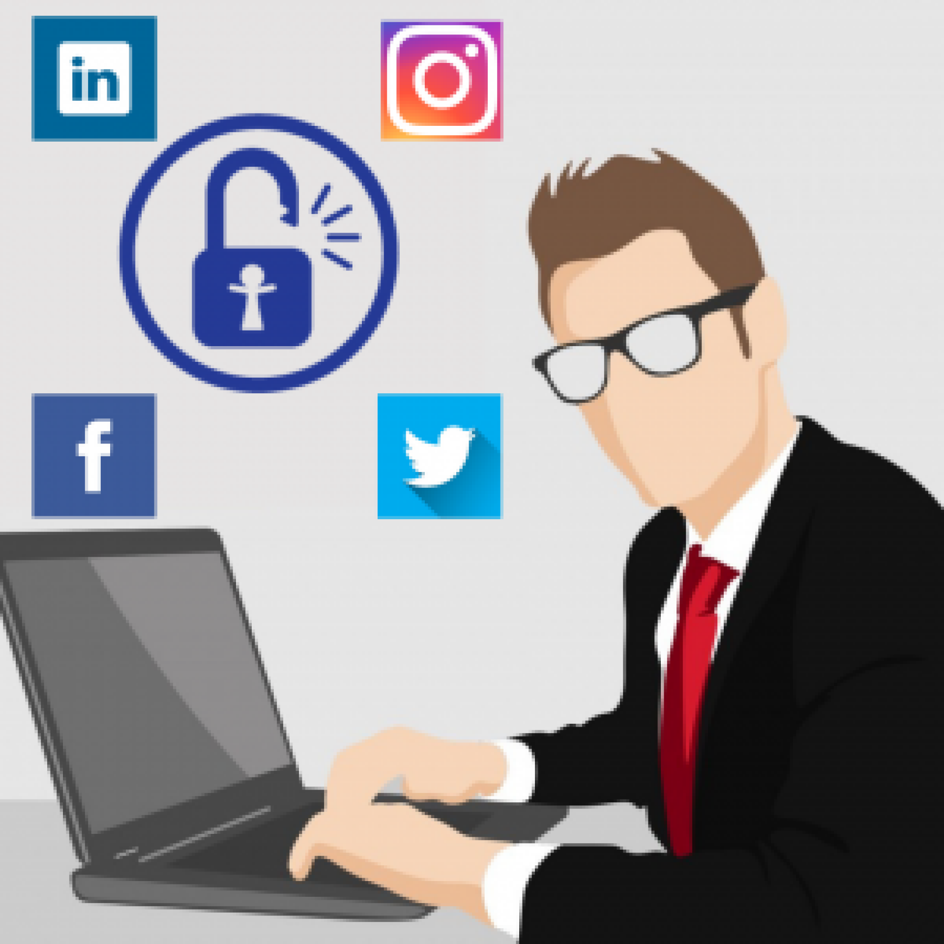 graphic of man using laptop computer with social media icon balloons